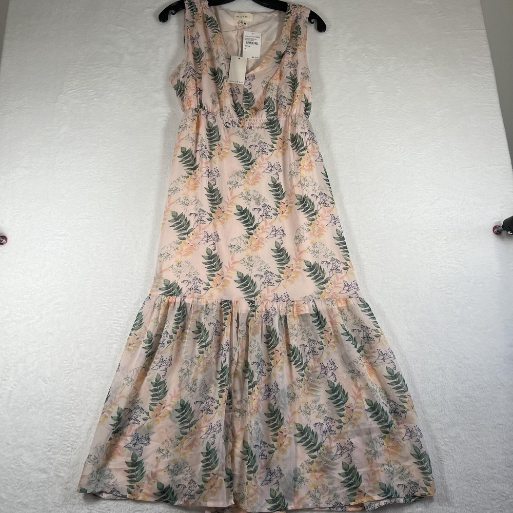 Melló Day Dress Womens Medium Pink Floral Leaf Print Ruffle Hem Midi Sundress